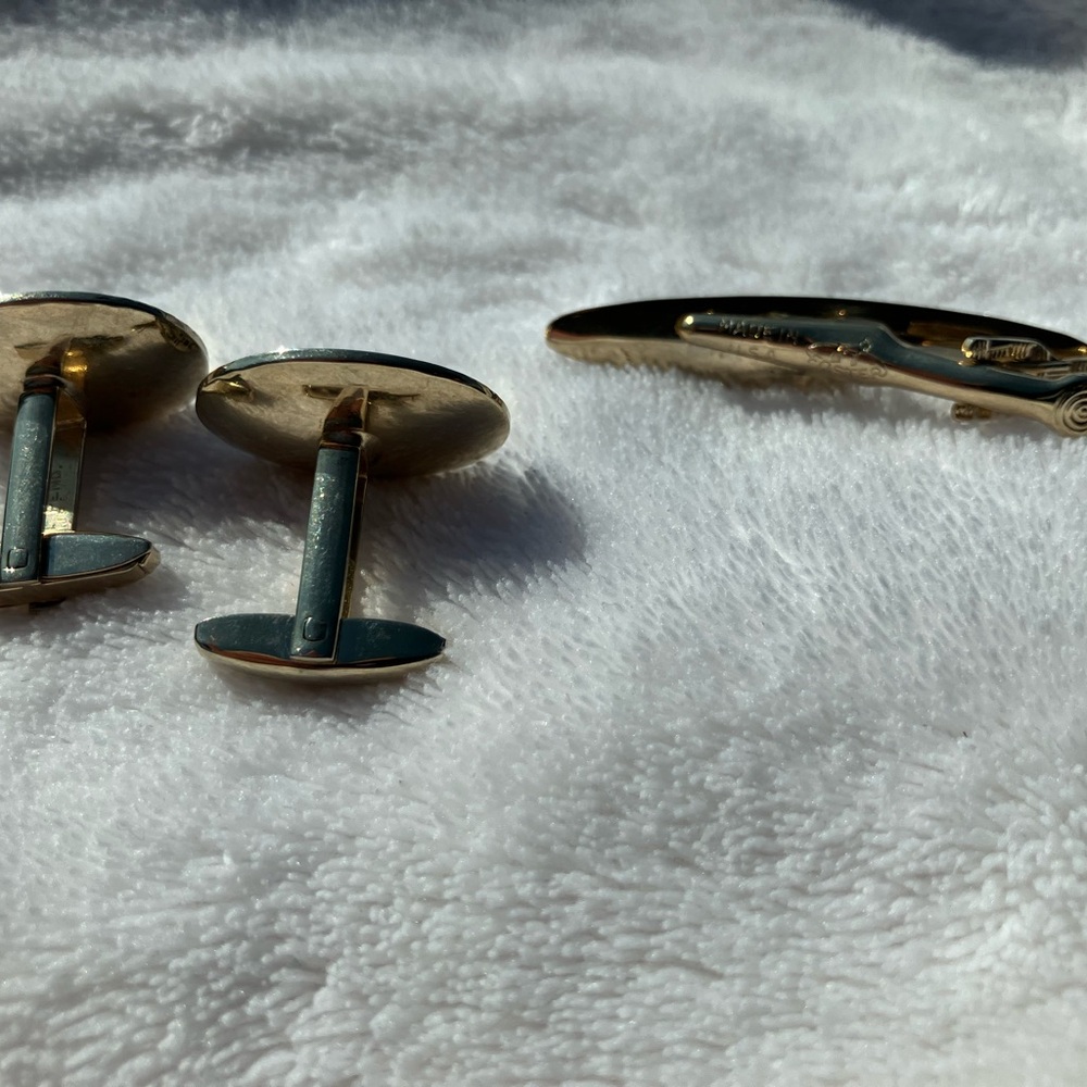 Vintage Foster Men's Black and Gold Woven Pattern Cufflink and Tie Clip Set - Picture 3 of 15
